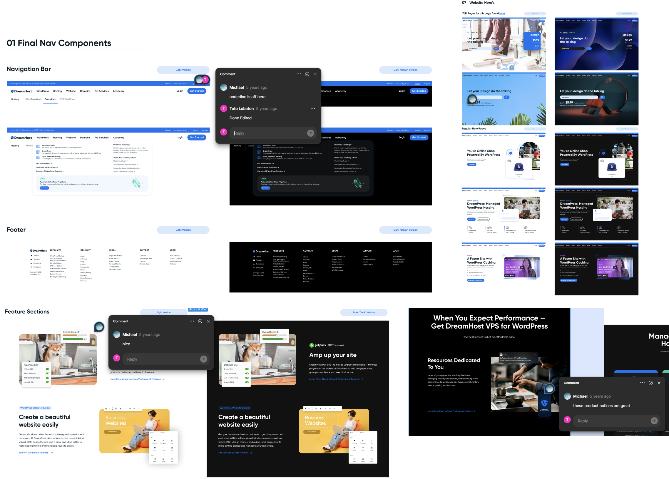 The Phoenix component base in Figma: final nav bar, footer, and feature sections in both light and dark 'Dank' versions, with stakeholder review comments pinned to the frames