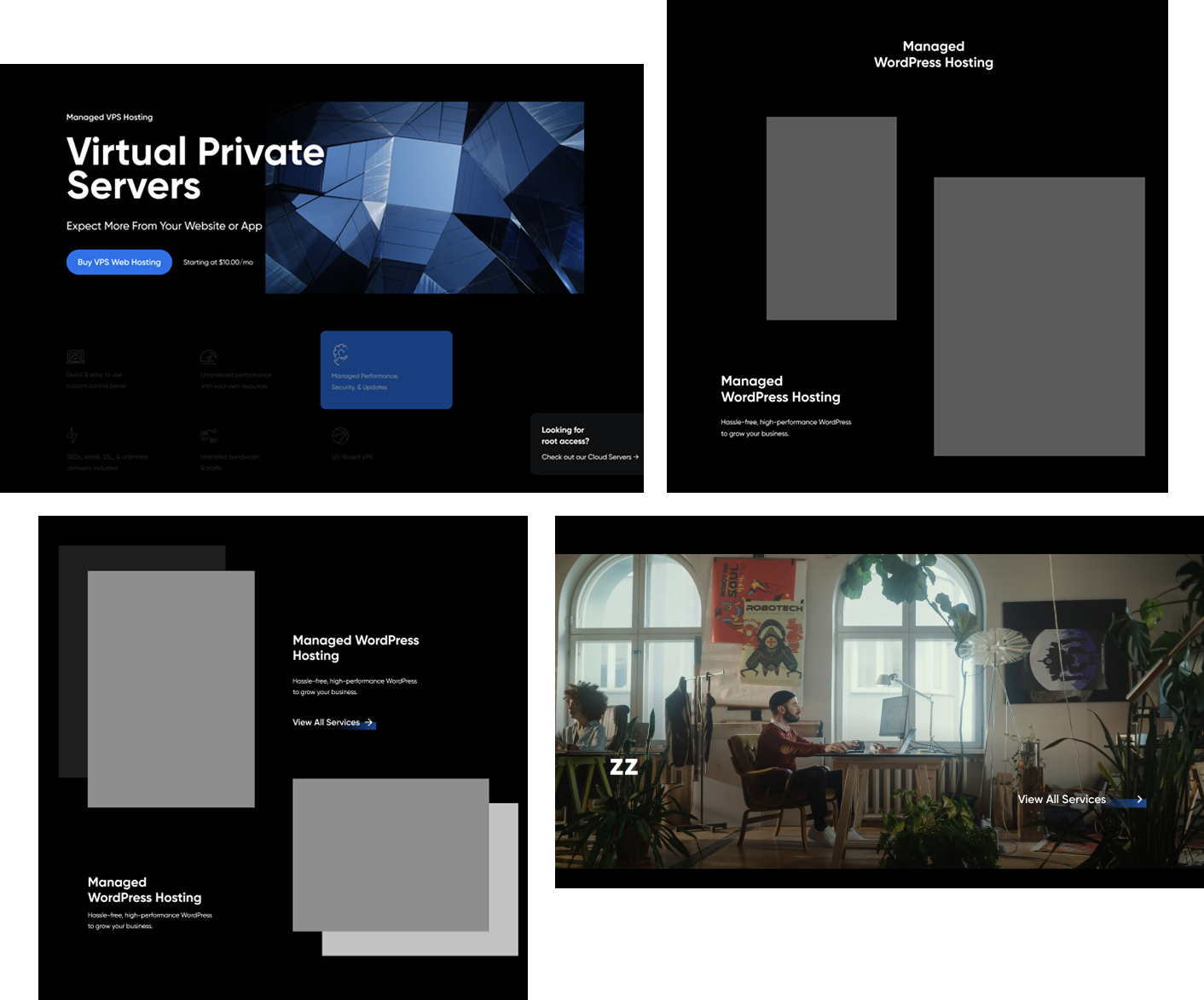 An early, unshipped Phoenix exploration: a Managed VPS hero and Managed WordPress hosting layouts, with images still blocked out as grey placeholders
