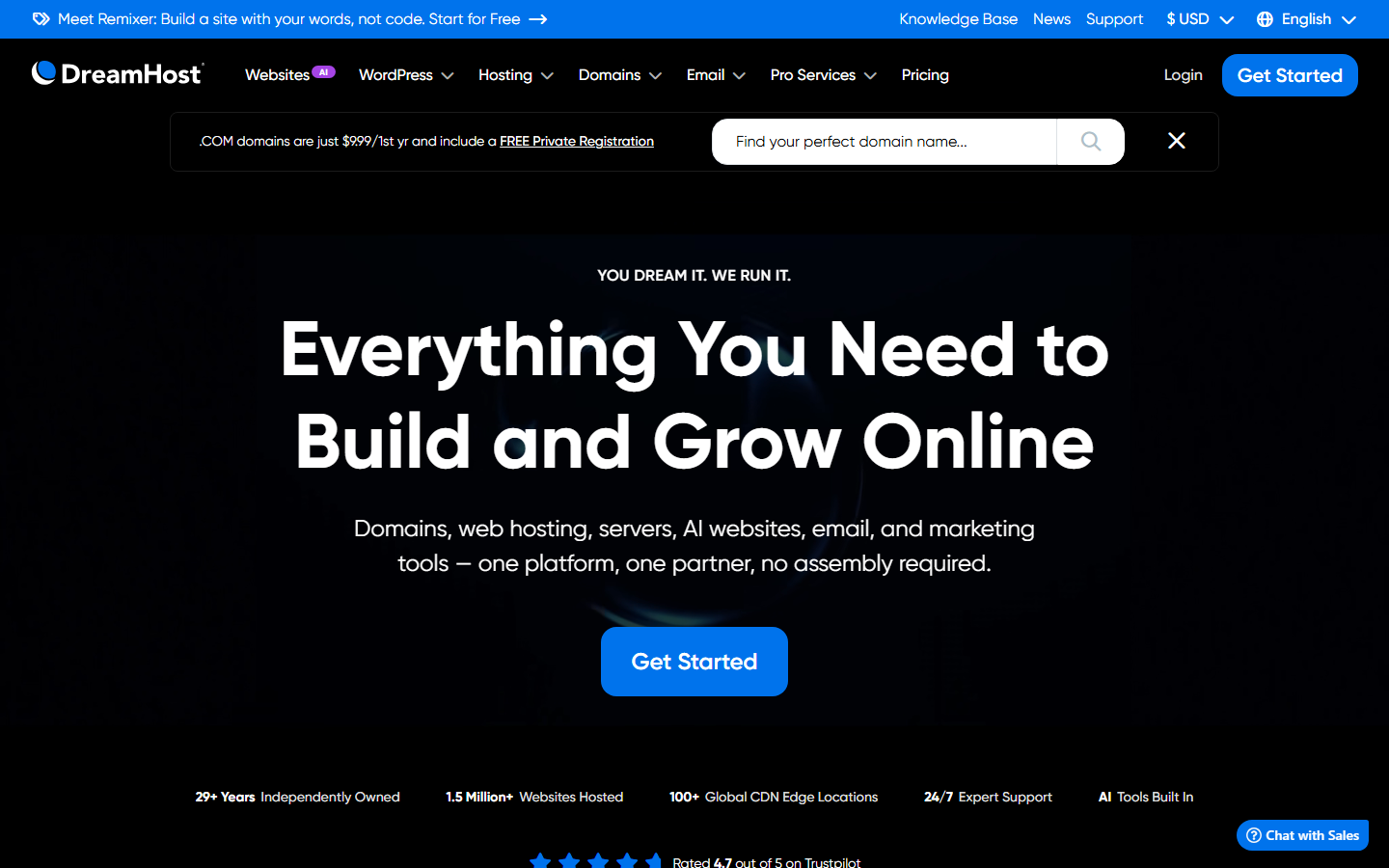 The live dreamhost.com homepage: 'Everything You Need to Build and Grow Online' on a dark hero with a Get Started button