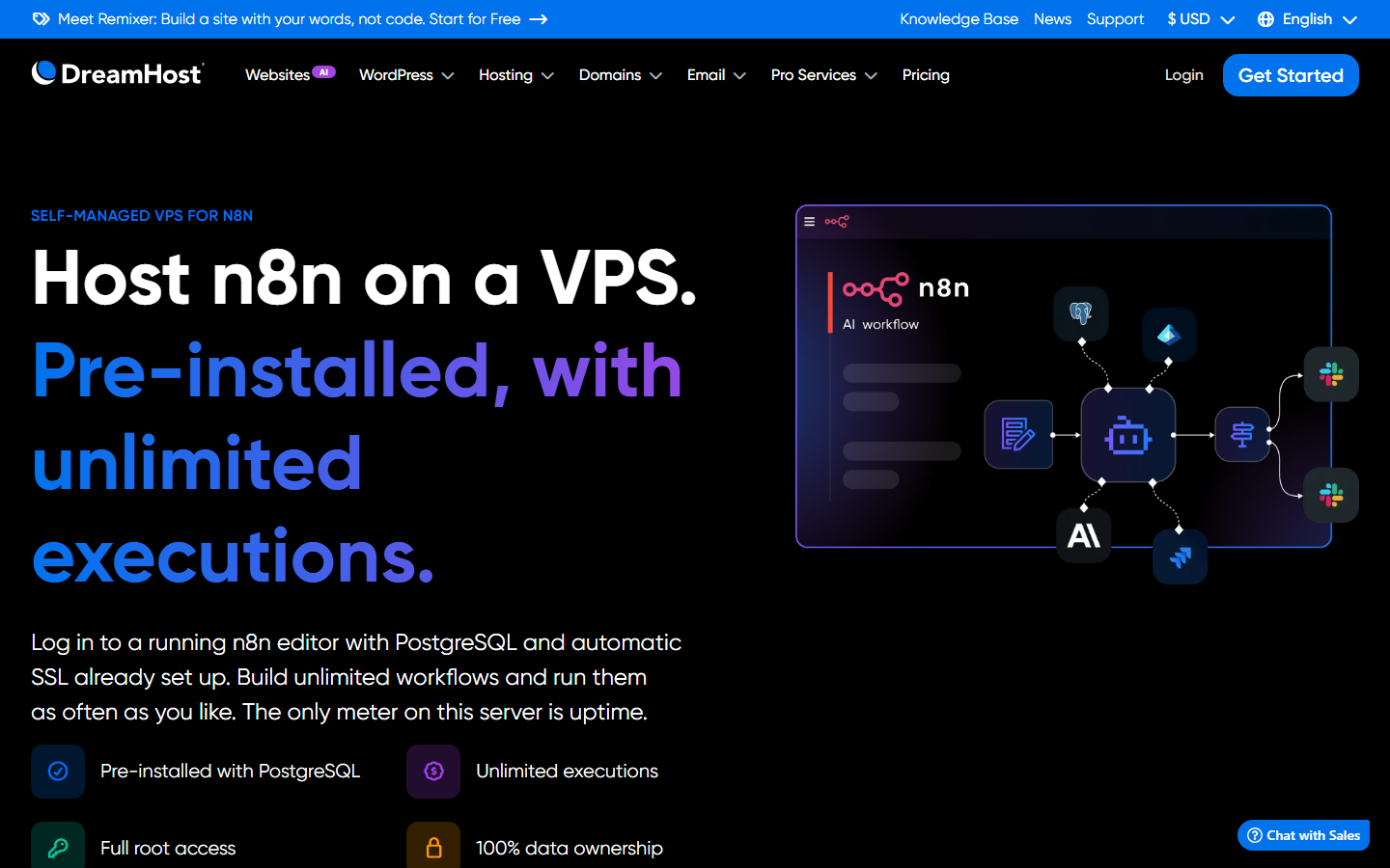 The live n8n VPS hosting page: 'Host n8n on a VPS. Pre-installed, with unlimited executions' with an n8n workflow illustration