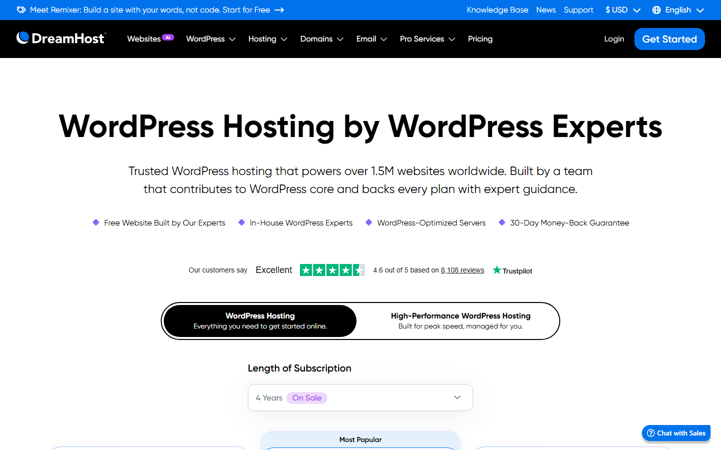 The live DreamHost WordPress hosting page: 'WordPress Hosting by WordPress Experts' with Trustpilot rating and plan selector