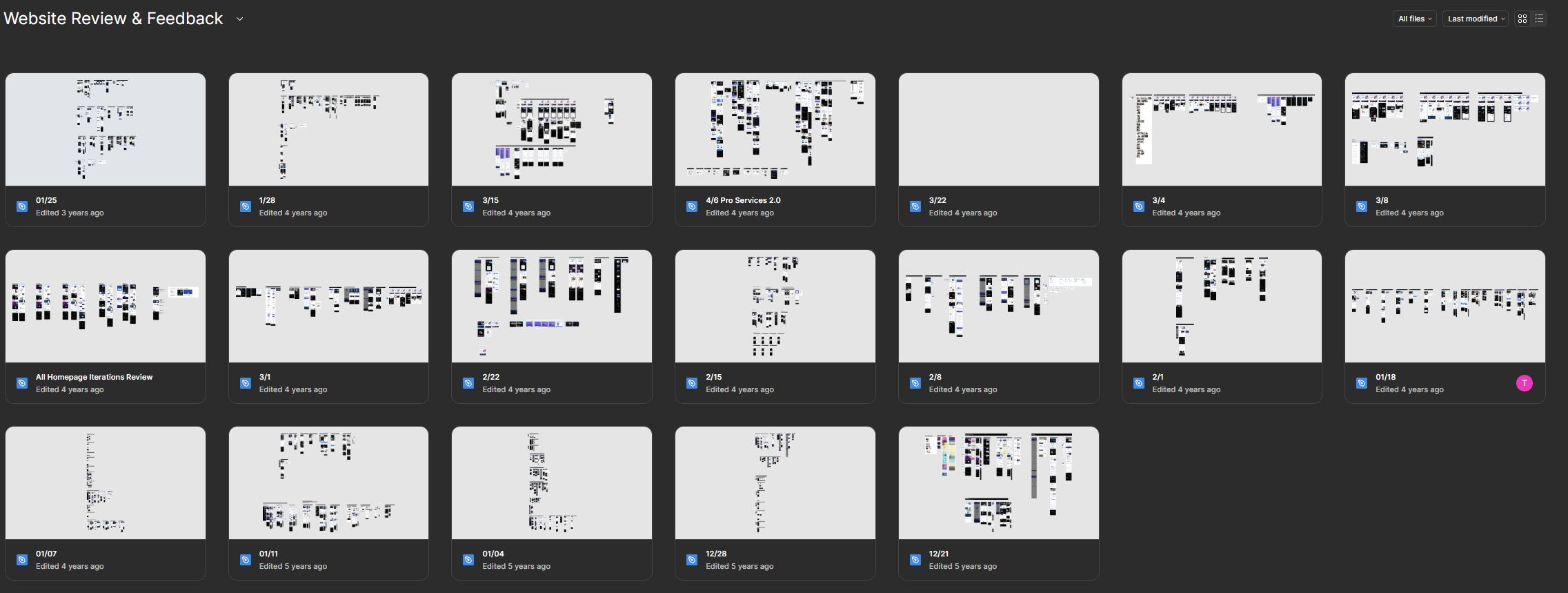 The Website Review & Feedback project in Figma: a grid of weekly review files, each thumbnail packed with finished page designs, dated week after week across the redesign
