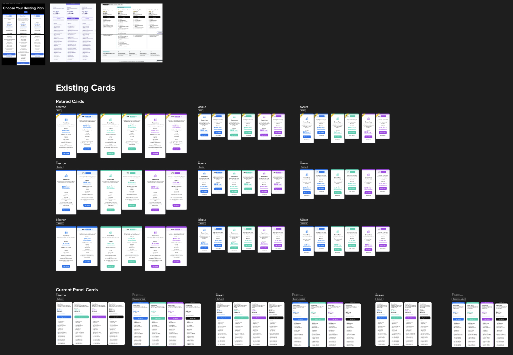 A zoomed-out Figma board of plan card iterations: rows of retired card versions in sale, tooltip, and default states across desktop, mobile, and tablet, with the current panel cards along the bottom