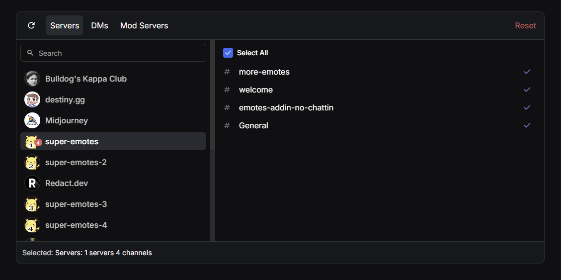 Redact's Discord server selector in dark mode: a server list with avatars and unread badges on the left, the selected server's channels on the right with a Select All checkbox and per-channel checkmarks, and a footer summarizing 1 server and 4 channels selected