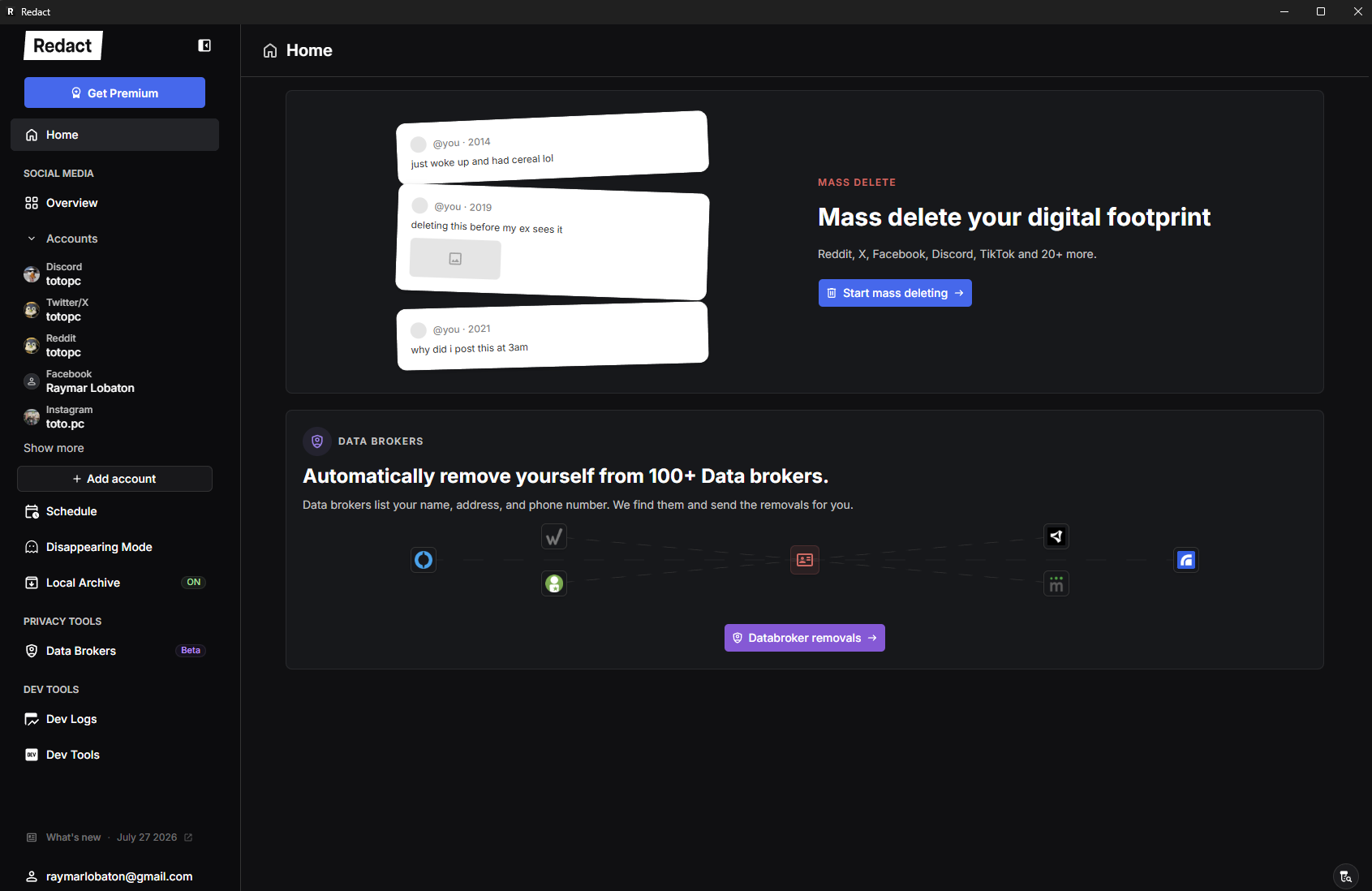 The new free user home with two cards: mass delete with fake embarrassing posts, and data broker removals