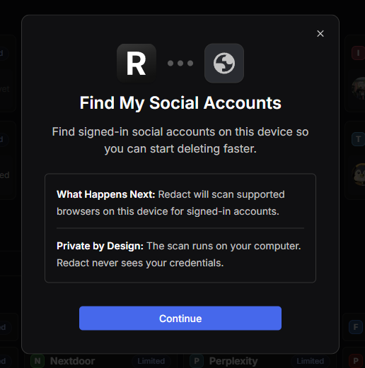 The Find My Social Accounts modal offering to scan browsers on the device