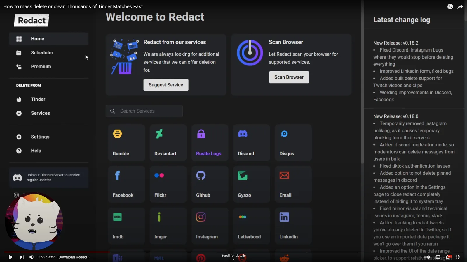The Redact app home screen captured from a video tutorial: the services grid, the browser scan card, and the v-tube cat avatar in the corner