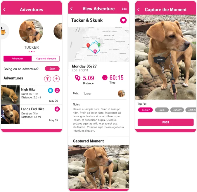 The SyncUP PETS adventures screens: routes, photos, and sharing