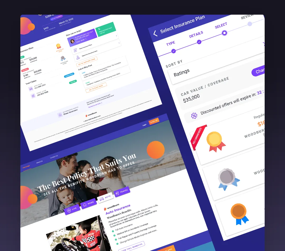 Woodburn screens: the policy dashboard, the landing page reading The Best Policy That Suits You, and the mobile plan selection flow with car value and coverage